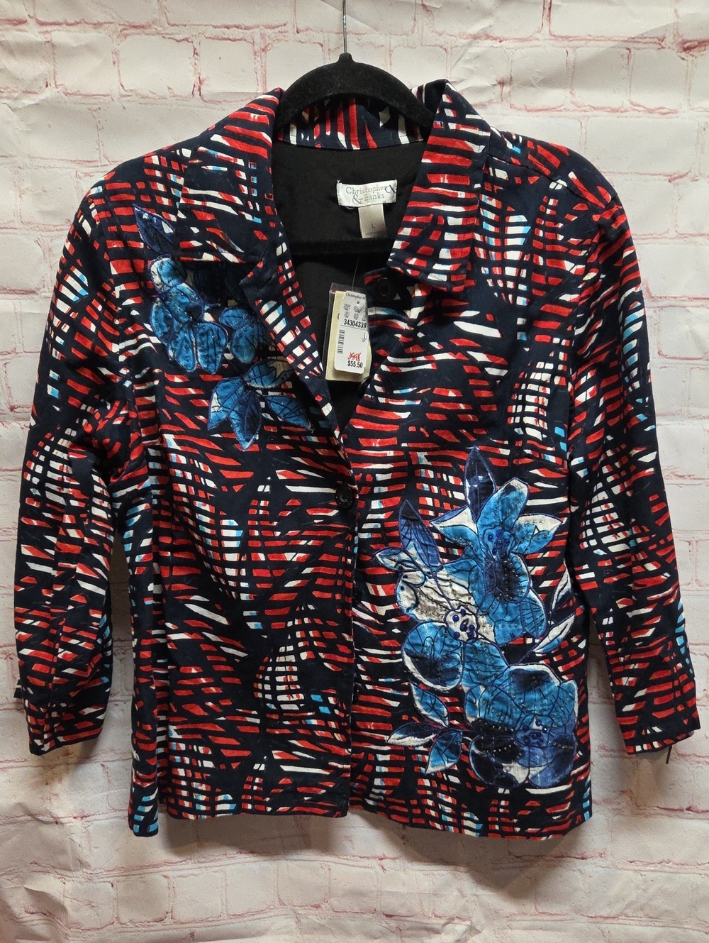 NWT Christopher & Banks Red & Black Jacket with Blue Floral Embellishment